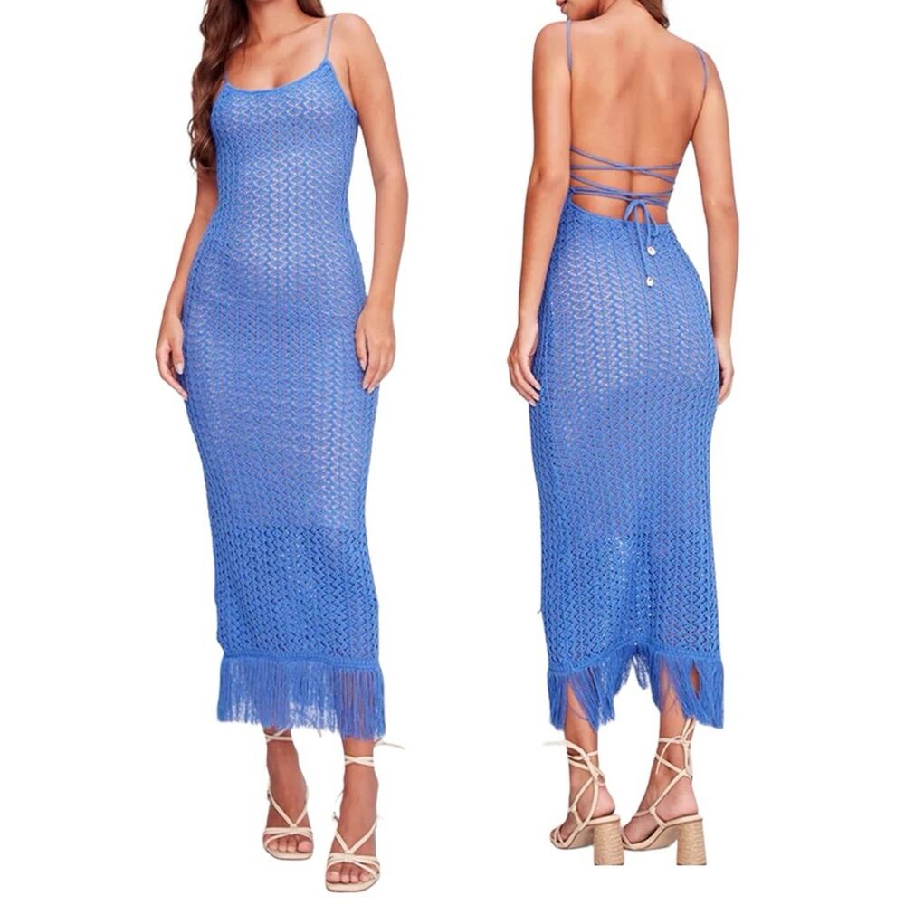 Capittana Ali crochet open back midi dress blue - M/L